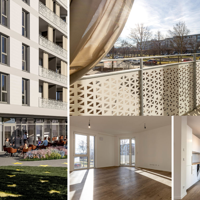 Europakarree H in Erfurt mit Europa-Statue und bezugsfertigen Wohnungsansichten