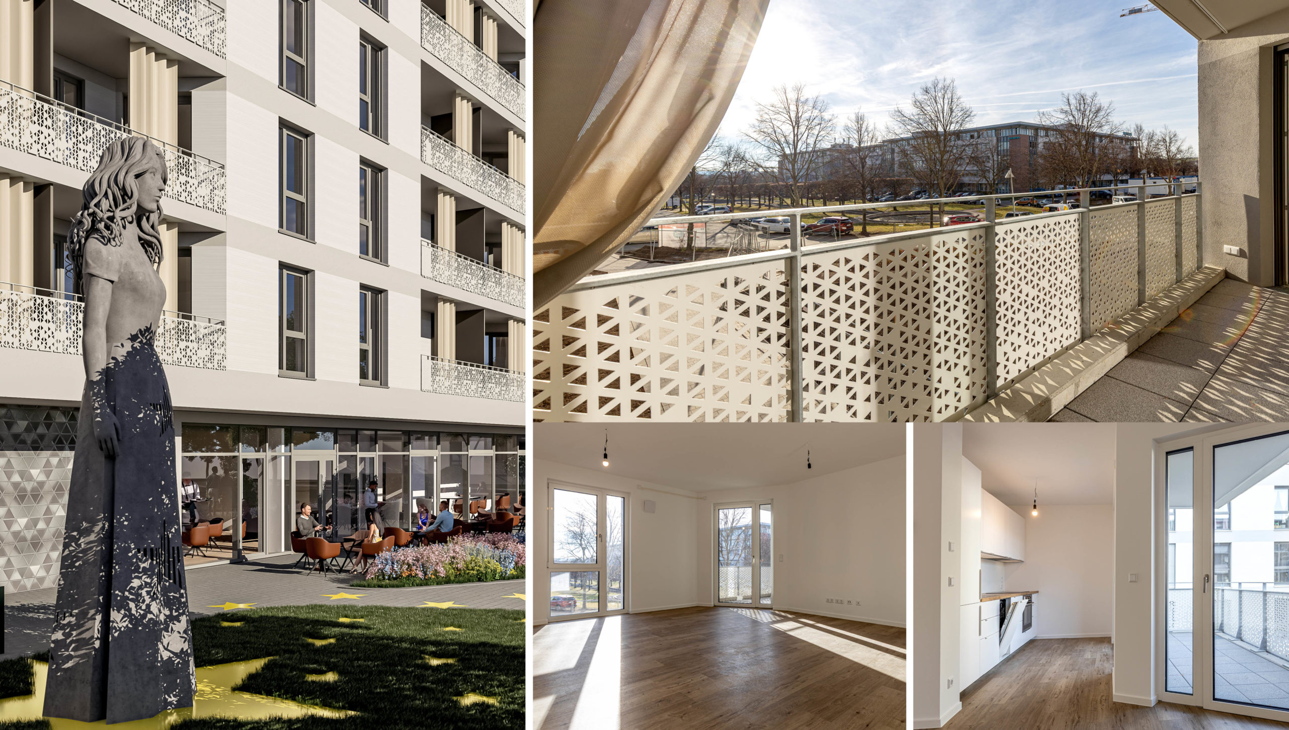 Europakarree H in Erfurt mit Europa-Statue und bezugsfertigen Wohnungsansichten